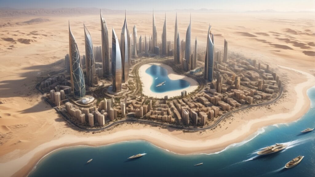 تصور جوي لمدينة نيوم المستقبلية يظهر فيها أبراج زجاجية عالية وتصاميم معمارية فريدة محاطة بمساحات خضراء وشوارع واسعة.