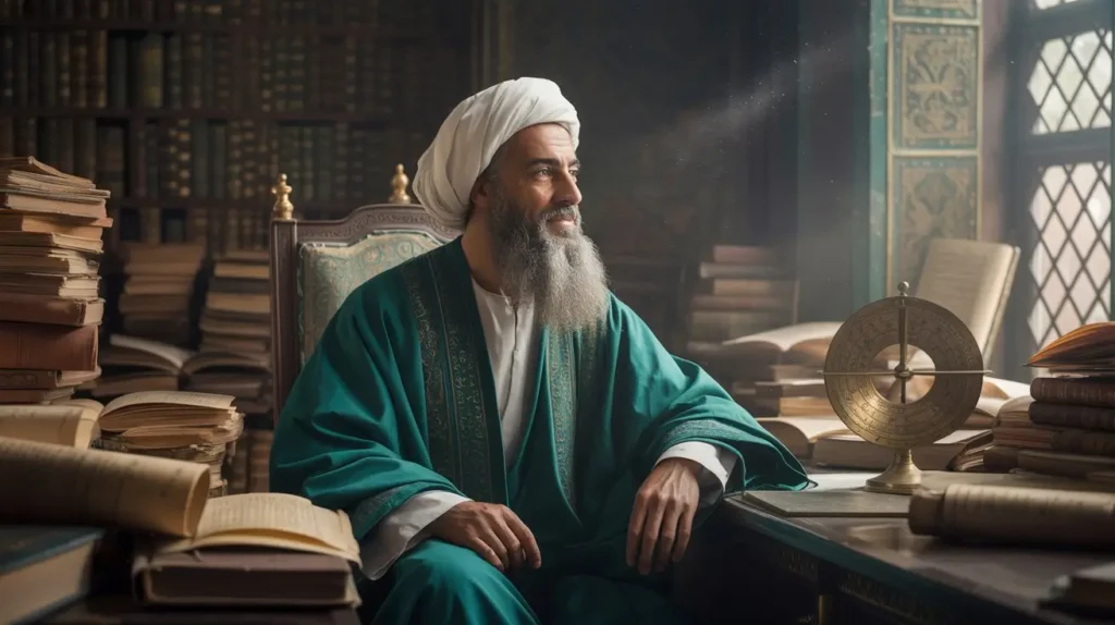 "عالم عربي يرتدي زيًّا أخضر مزخرفًا يجلس في مكتبة عتيقة مليئة بالكتب، محاطًا بأدوات علمية مثل الأسطرلاب النحاسي. الكتب المفتوحة على المكتب الخشبي والإضاءة الناعمة تعكس جوًّا من البحث والتأمل في العلوم الطبية والفلكية."