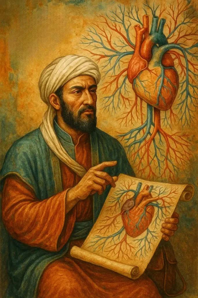لوحة فنية تقليدية تجسد ابن النفيس وهو يشرح الدورة الدموية الصغرى بتركيز وعلم، مع خلفية تمثل تشريح القلب والأوعية.