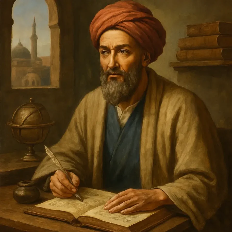 رسمة إبداعية لـابن الهيثم جالسًا في مكتبه بالمَشرق العباسي، يمسك قلما ريشيا وينظر بتأمّل إلى مخطوطات وبوصلة مرصودة أمامه، مع نظرة نافذة تعبّر عن حماسه للعلم.