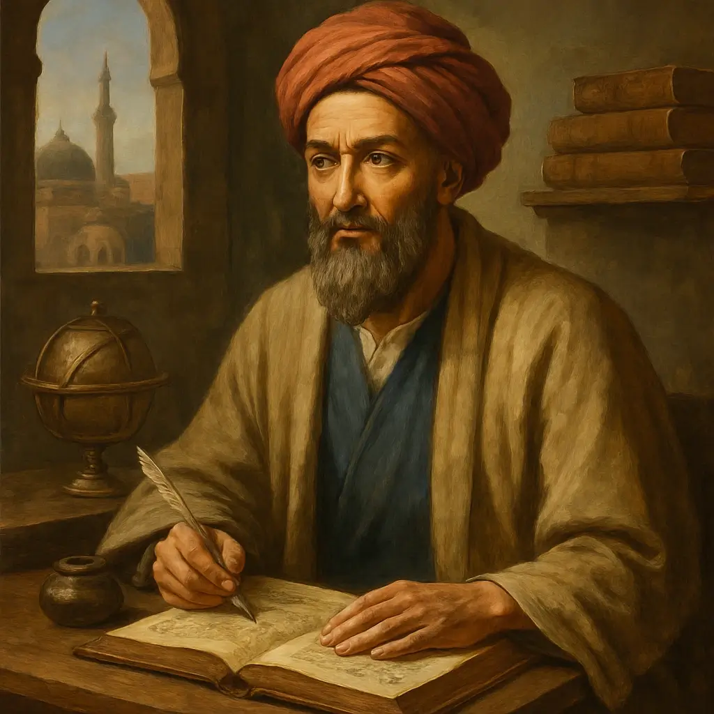 رسمة إبداعية لـابن الهيثم جالسًا في مكتبه بالمَشرق العباسي، يمسك قلما ريشيا وينظر بتأمّل إلى مخطوطات وبوصلة مرصودة أمامه، مع نظرة نافذة تعبّر عن حماسه للعلم.