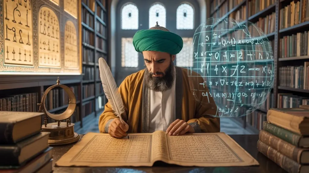 عالم مسلم يرتدي عمامة خضراء يكتب بريشة في كتاب قديم داخل مكتبة مملوءة بالمخطوطات، وتظهر حوله معادلات رياضية ثلاثية الأبعاد، مما يرمز إلى إسهام الخوارزمي في تأسيس علم الجبر.