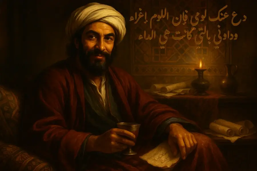 لوحة فنية كلاسيكية تصور الشاعر العربي أبو نواس في العصر العباسي وهو يحمل كأس الخمر مع مخطوطات شعرية، يجسد صورة الشعراء الملعونون في الأدب العربي