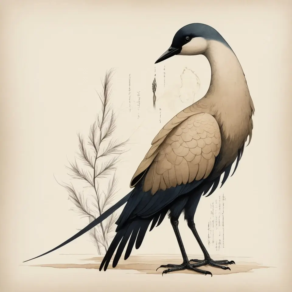 رسم فني بسيط لطائر الكركي ذو الرأس الأسود، يقف بجانب نباتات رفيعة، بأسلوب فني ياباني.