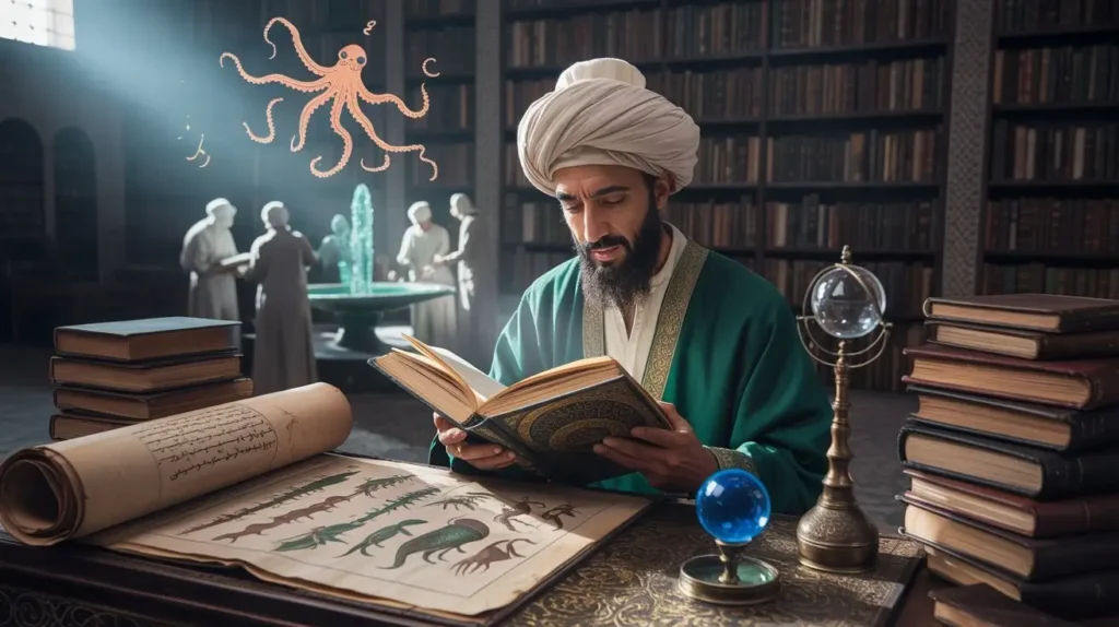 عالم مسلم يرتدي عمامة وعباءة خضراء يتأمل في كتاب مفتوح داخل مكتبة تراثية مليئة بالمخطوطات، يرمز إلى التراث العلمي والأدبي الإسلامي.