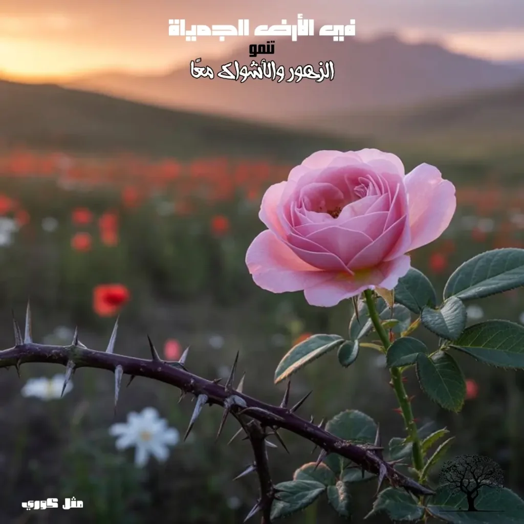 وردة وردية ناعمة تنمو بين أشواك حادة في حقل زهور تحت ضوء شمس الغروب، ترمز إلى التعايش بين الجمال والمعاناة.