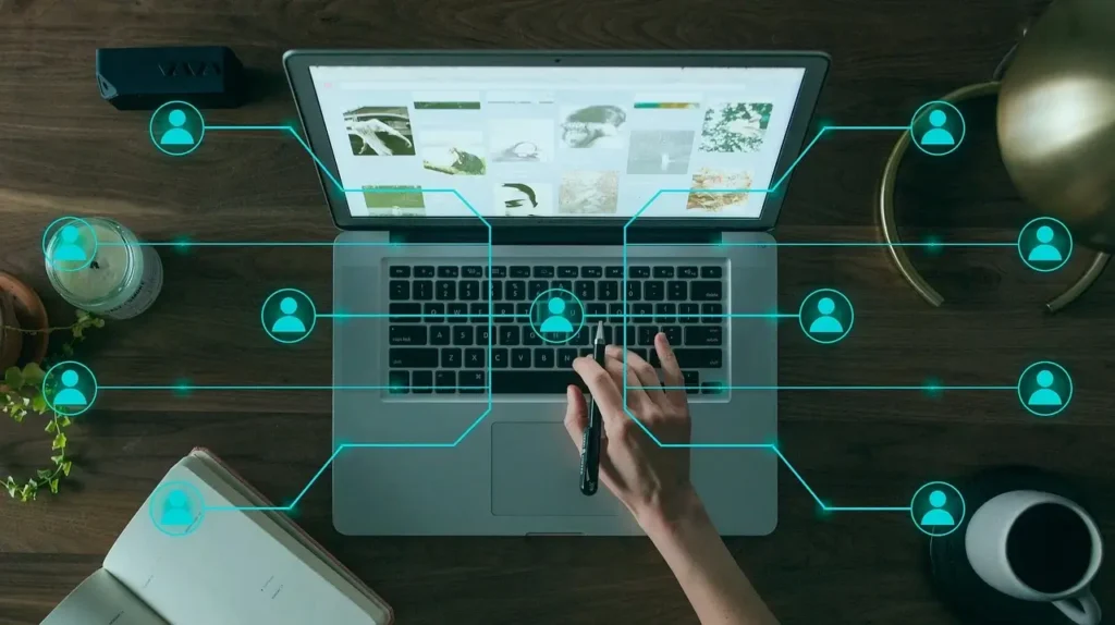 يد تستخدم قلمًا على لوحة مفاتيح حاسوب محمول، مع واجهة رسومية لأيقونات تمثل مستخدمين متصلين عبر الذكاء الاصطناعي