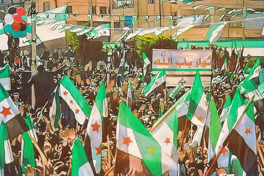مجموعة من الأشخاص يشاركون في مظاهرة سلمية في الشارع، يرفعون الأعلام ويعبرون عن مطالبهم الجماعية، في مشهد يعكس روح الثورة والتغيير.
