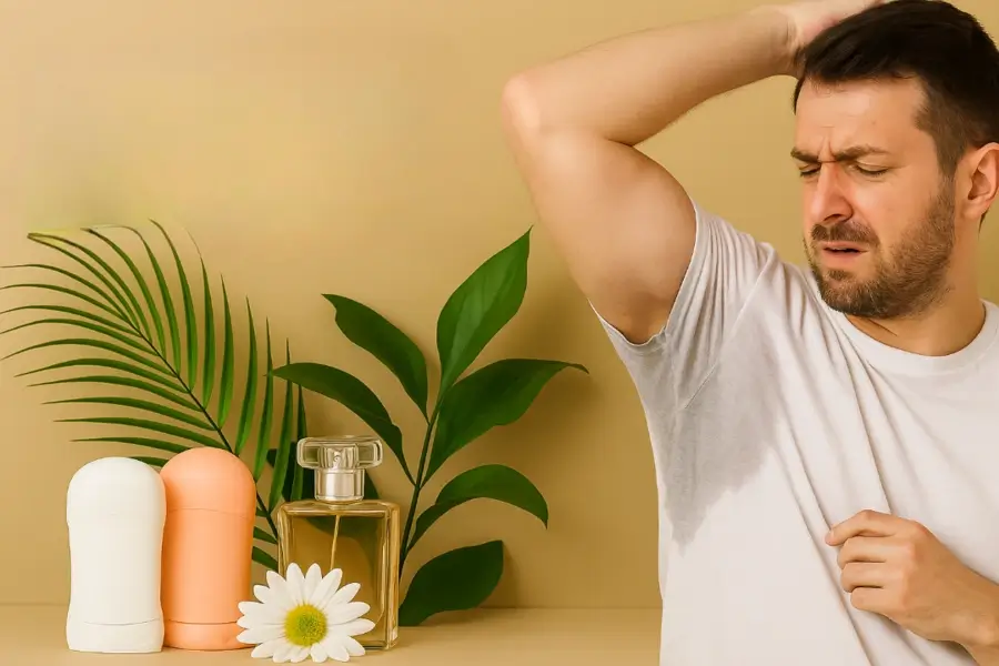 رجل يعاني من التعرق تحت الإبط، بجانبه مزيلات عرق وعطر طبيعي على خلفية نباتية