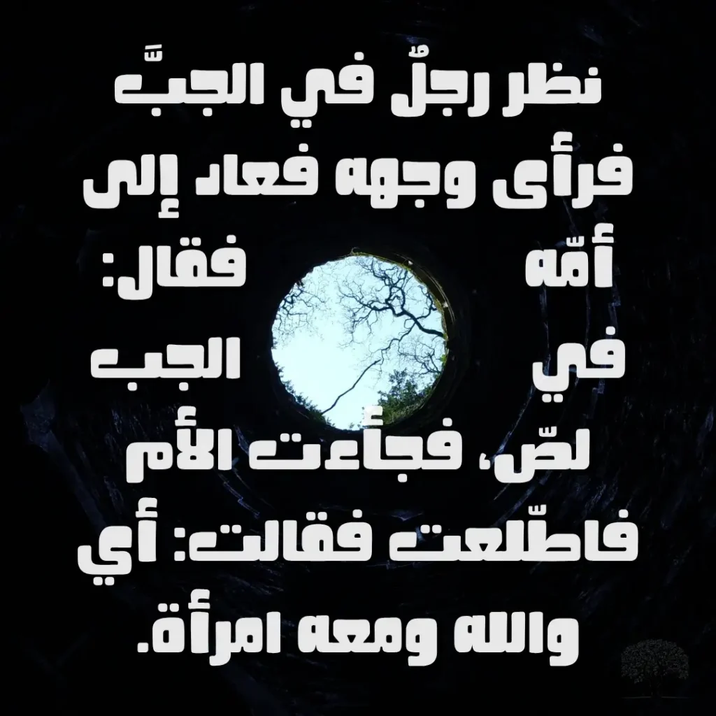 رجل ينظر في قاع بئر مظلم ويرى انعكاس وجهه، مع اقتباس ساخر عن الظن وسوء التقدير.