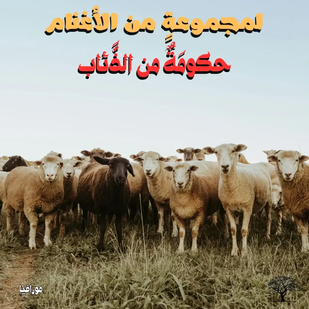 مجموعة من الأغنام تقف حول خروف أسود وسط مرعى، مع اقتباس مكتوب: "لمجموعةٍ من الأغنام حكومَةٌ من الذِّئاب".