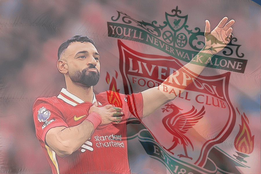 صورة لمحمد صلاح بقميص ليفربول يحيي الجماهير، مع خلفية شعار النادي “You'll Never Walk Alone”