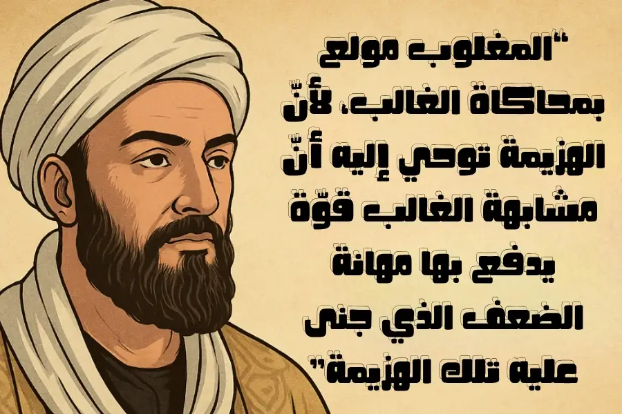 رسم تعبيري لابن خلدون بجانبه اقتباس شهير حول محاكاة المغلوب للغالب ونتائج الهزيمة النفسية.