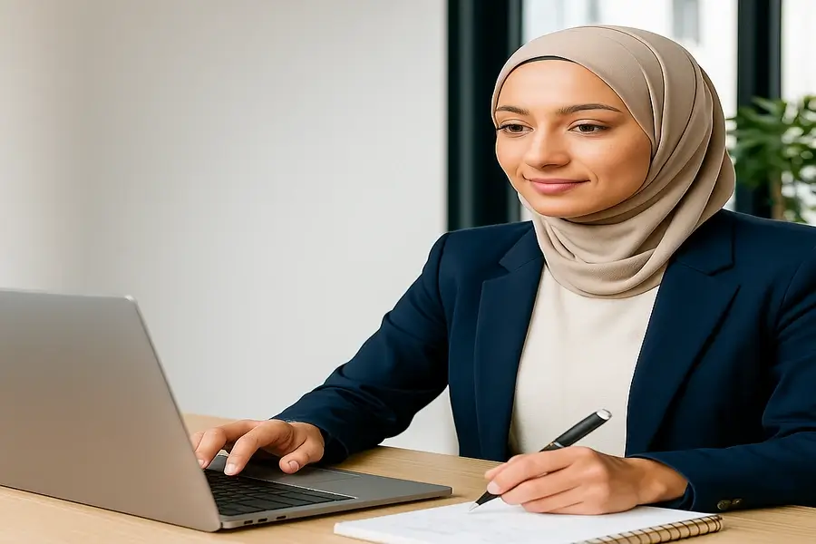سيدة عربية شابة ترتدي الحجاب تعمل على حاسوب محمول وتدوّن الملاحظات بابتسامة هادئة، تمثل ريادة الأعمال والإبداع.