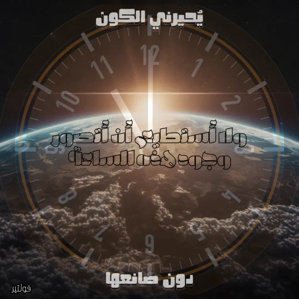 صورة فضائية تعرض الأرض من الفضاء مع ساعة دائرية ونص عربي يتحدث عن الكون والخالق.