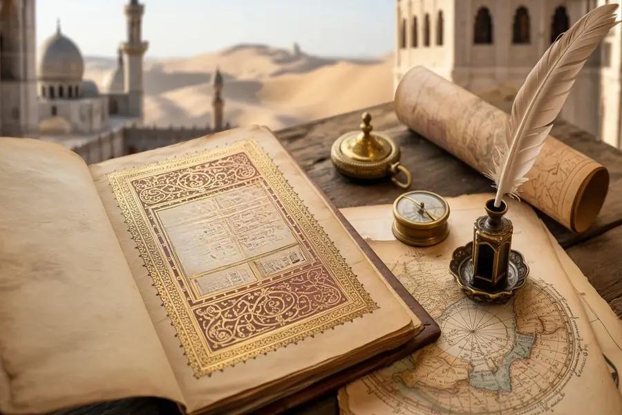 مخطوط عربي قديم مزخرف بجانب بوصلة وخرائط، يرمز إلى أدب الرحلة في التراث العربي من ابن بطوطة حتى الرحلات الحديثة.