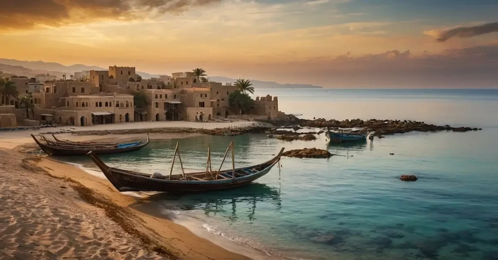 صورة قرية ساحلية قديمة عند غروب الشمس مع قوارب صيد على الشاطئ تمثل أجواء قصة أصحاب السبت في القرآن الكريم