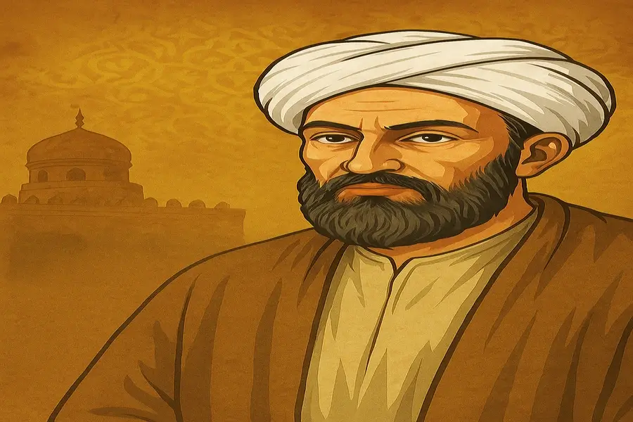 صورة فنية رقمية تجسد الإمام البخاري بملامح تقليدية وملابس تاريخية، تعكس هيبته ودوره الكبير في علم الحديث.