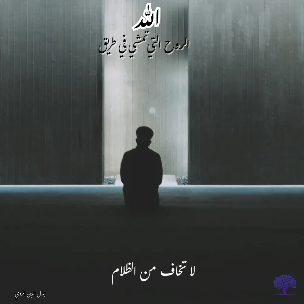 صورة لرجل يجلس في الظلام أمام نور يسطع من باب، مع اقتباس يقول: "الروح التي تمشي في طريق الله لا تخاف من الظلام".