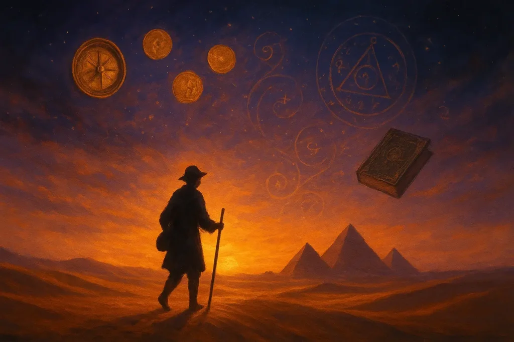 شخصية شاب واقف على كثبان رملية ذهبية، ينظر نحو أهرامات بعيدة وسط أجواء سحرية، تعكس رحلة داخلية نحو الهدف.