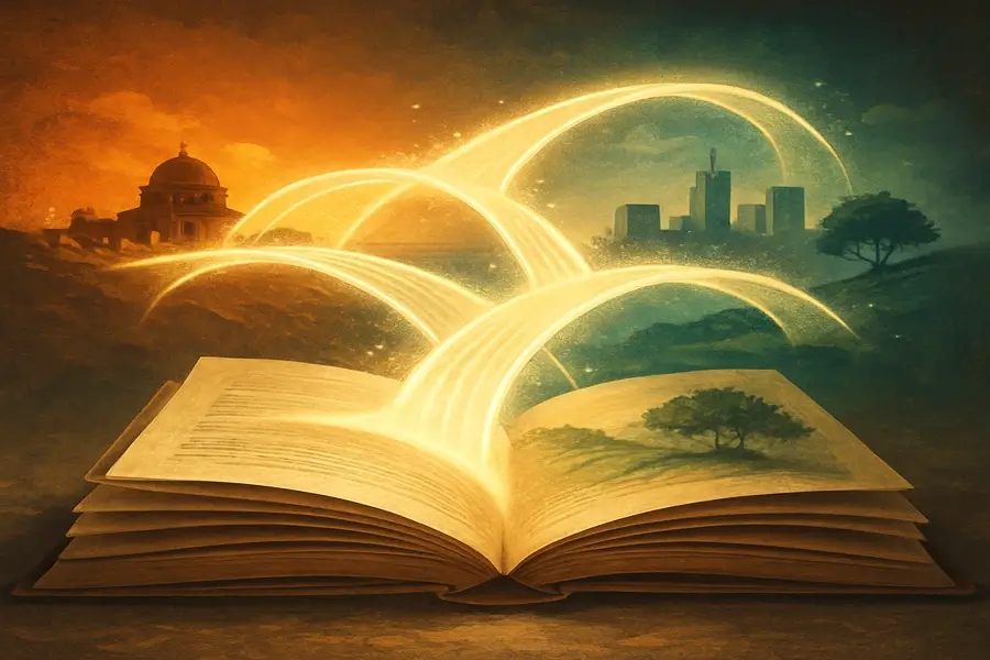 كتاب مفتوح تنبعث منه خيوط ضوئية متوهجة، في الخلفية قبة تاريخية على اليسار وأفق مدينة حديثة على اليمين، مع رسمة شجرة على صفحة الكتاب.