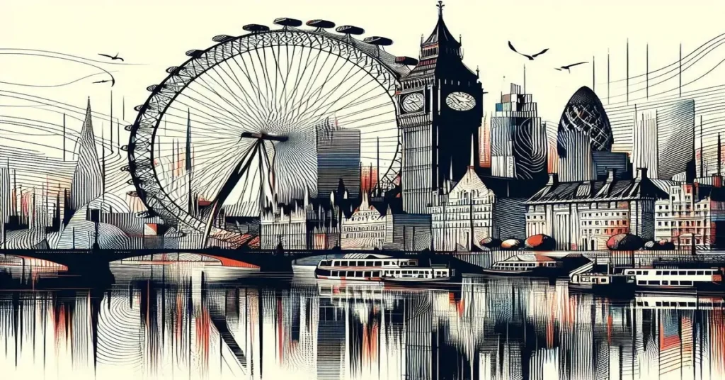 لوحة فنية معمارية لمدينة لندن تضم عين لندن، ساعة بيغ بن، ونهر التايمز