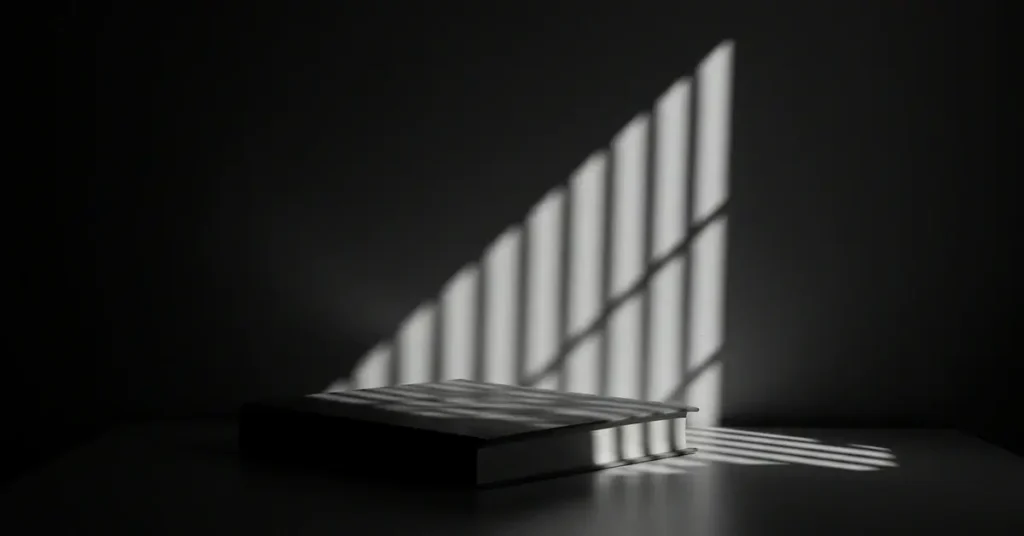 نافذة ضوء مثلثية في غرفة مظلمة ترمز إلى بصيص الأمل وسط ظلام السجن.