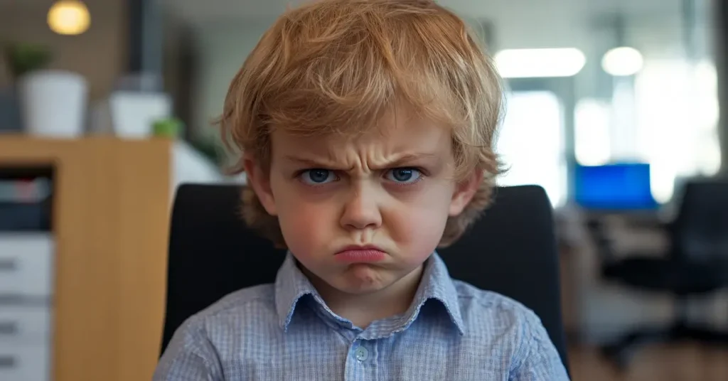 طفل أشقر غاضب يجلس في مكتب، يعبر عن العناد في سلوك الأطفال