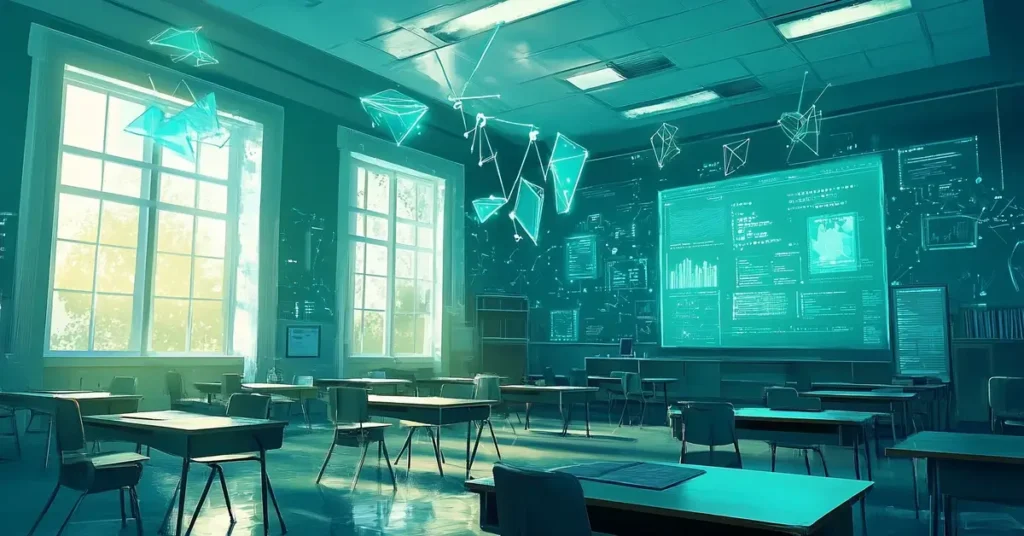 فصل دراسي مستقبلي مجهز بتقنيات رقمية وشاشات تفاعلية مدعومة بالذكاء الاصطناعي.
