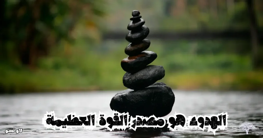 صورة لحجارة متوازنة فوق بعضها وسط الماء، يرافقها اقتباس مكتوب: الهدوء هو مصدر القوة العظيمة