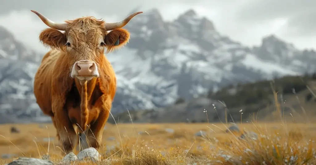بقرة ترعى وسط منظر طبيعي جبلي مع قمم مغطاة بالثلوج