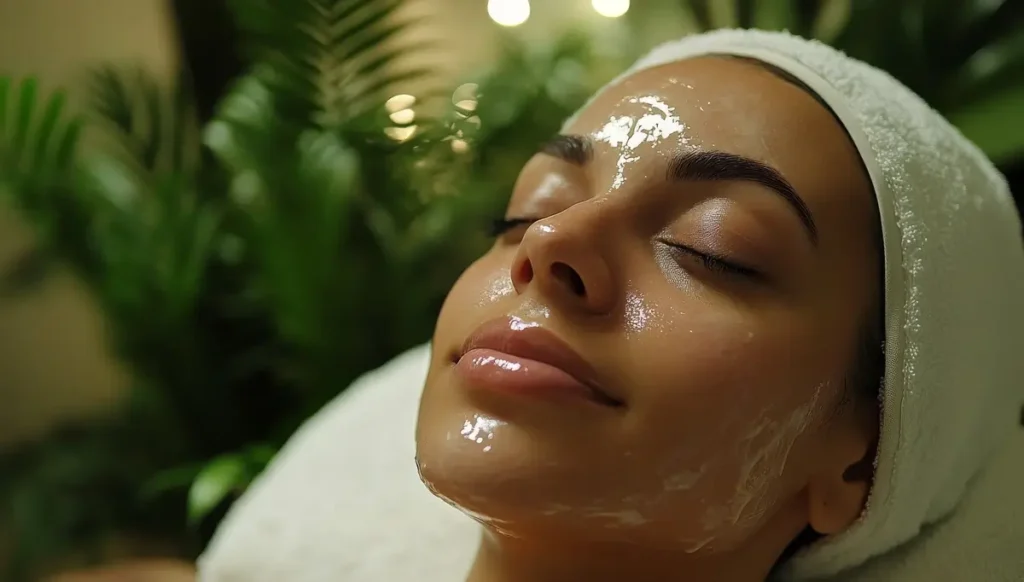 شخص مسترخٍ في جو سبا، رأس ملفوف بمنشفة وأوراق نخيل خضراء بالخلفية — لمشهد يرمز إلى روتين طبيعي للعناية وتفتيح البشرة.