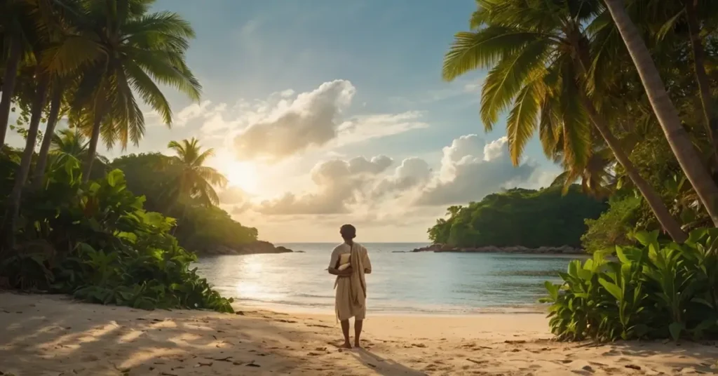 شاب يقف وحيدًا على شاطئ محاط بأشجار النخيل، يتأمل الأفق والبحر، في مشهد يجسد فكرة العزلة والتأمل كما في قصة حي بن يقظان.