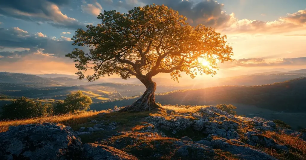 شجرة كبيرة على قمة جبلية مضاءة بأشعة غروب الشمس الذهبية