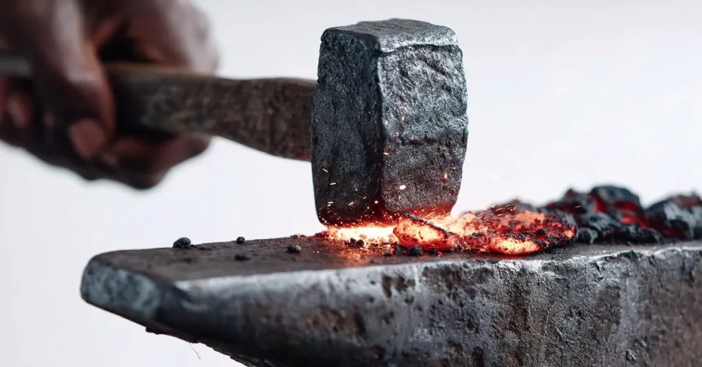 شخص يطرق المعدن بقوة، تجسيد لمعنى المثل العربي إذا ضربت فأوجع وإذا زجرت فأسمع.