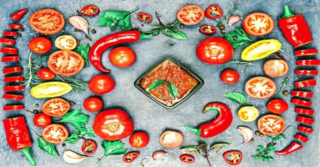 صورة لوحَة فنية صادقة تظهر وعاء من الصلصة الحارة المكسيكية مزينة بمكونات طازجة: الفلفل الأحمر، شرائح الطماطم، والكزبرة.