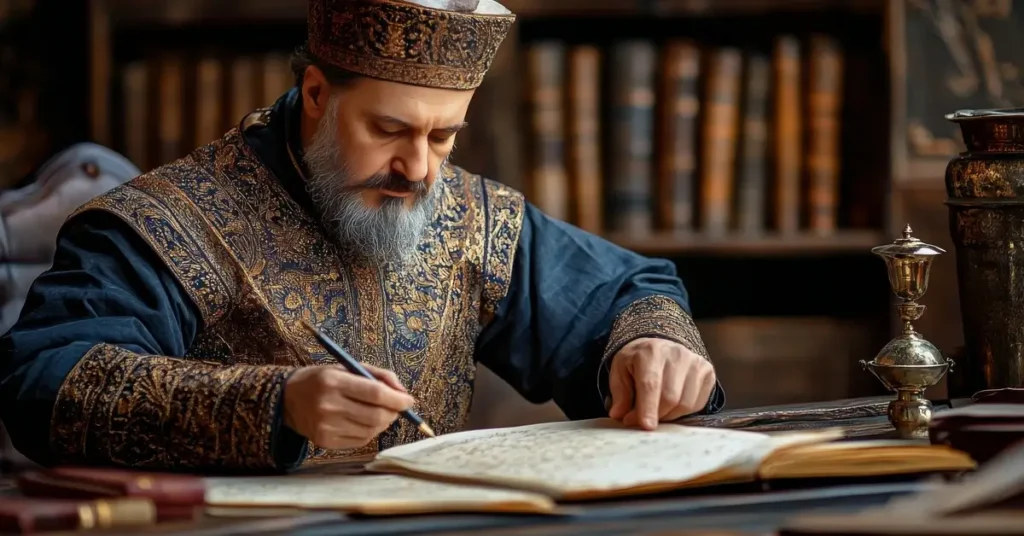 عالم مسلم يرتدي زيًا تقليديًا يكتب في مخطوط قديم داخل مكتبة مليئة بالكتب