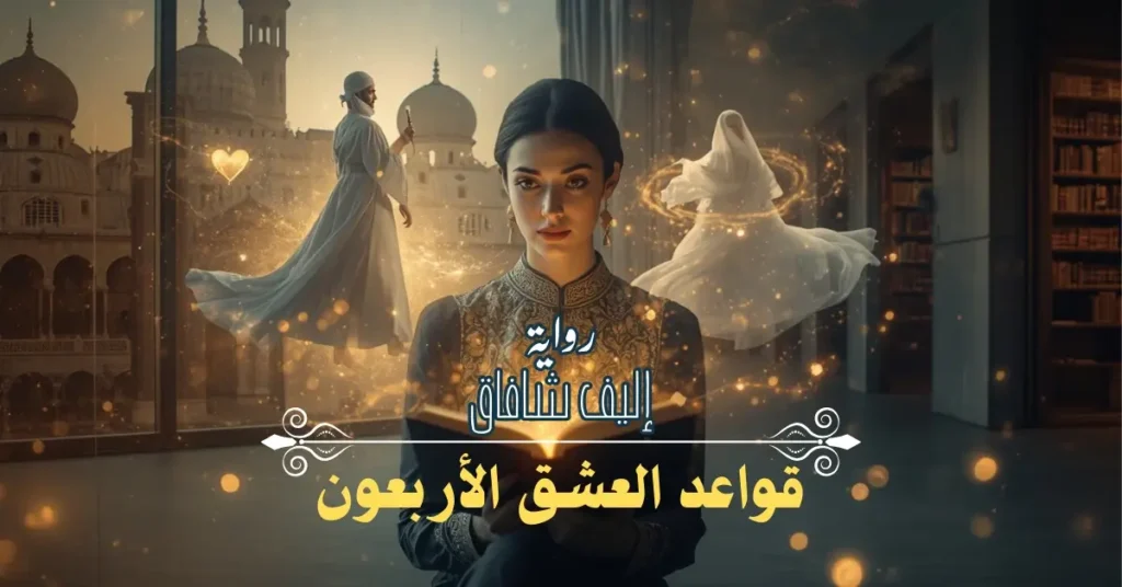 غلاف فني لرواية قواعد العشق الأربعون لإليف شافاق، يظهر فيه مزيج من التصوف والحب الإنساني