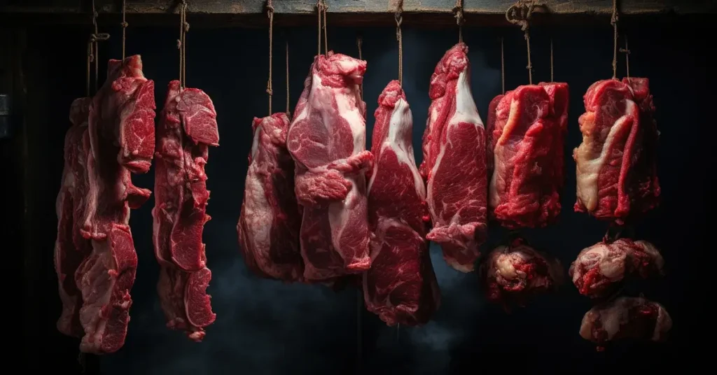 صورة لقطع لحم معلقة في السوق الشعبي ترمز إلى المثل العربي "كل شاة برجلها ستناط".