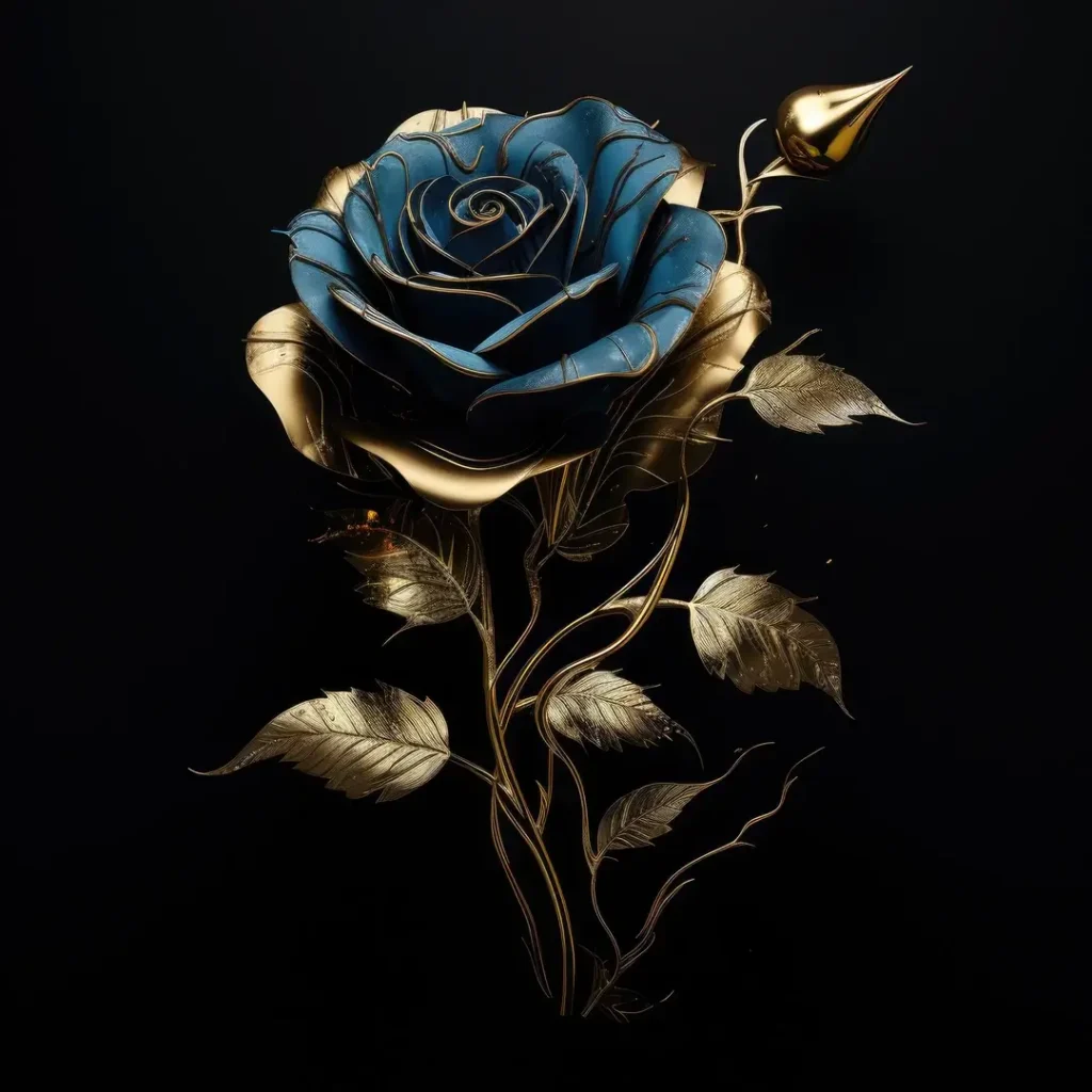 وردة زرقاء أنيقة بتفاصيل مذهبة متألقة على خلفية سوداء داكنة.