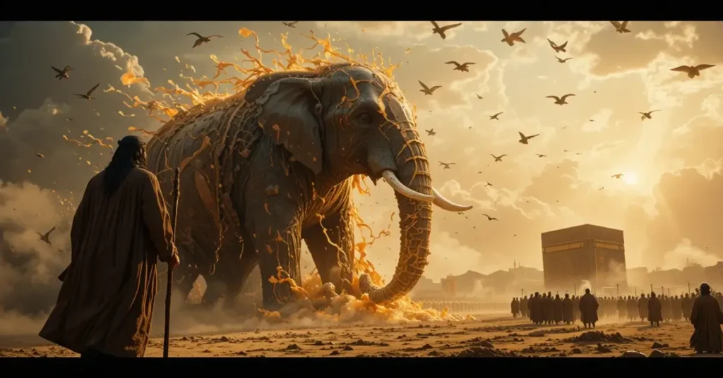 لوحة فنية تصور جيش أبرهة مع الفيل وهو يحترق بفعل حجارة تُلقيها الطيور، مع الكعبة في الخلفية وسماء مُشرقة، رمزًا لمعجزة أصحاب الفيل في التاريخ الإسلامي.