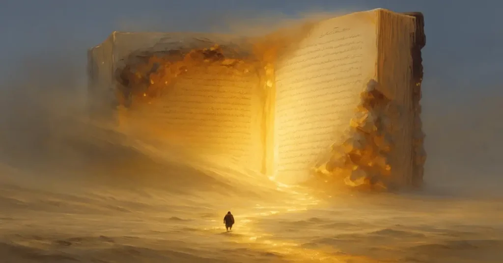 مشهد سريالي يظهر كتابًا ضخمًا مفتوحًا ومضيئًا باللون الذهبي يرتفع من صحراء ضبابية، مع شخصية صغيرة تقف أمامه على درب من الضوء، يرمز إلى عظمة علم ابن القيم الجوزية وتأثيره.