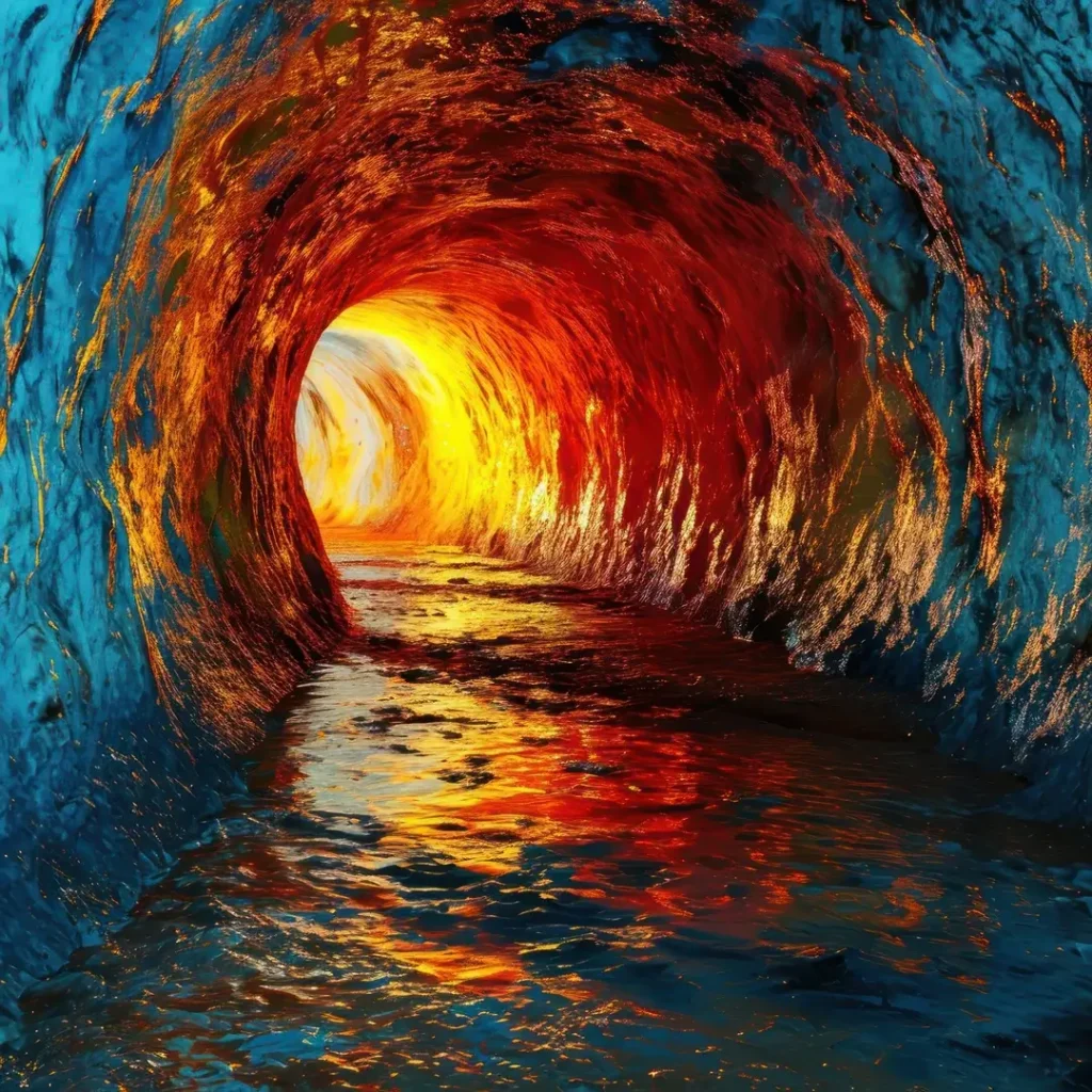 صورة رقمية لنفق كهفي ذي جدران زرقاء وبرتقالية متوهجة، يمر به مجرى مائي، وضوء ساطع أصفر في نهاية النفق.