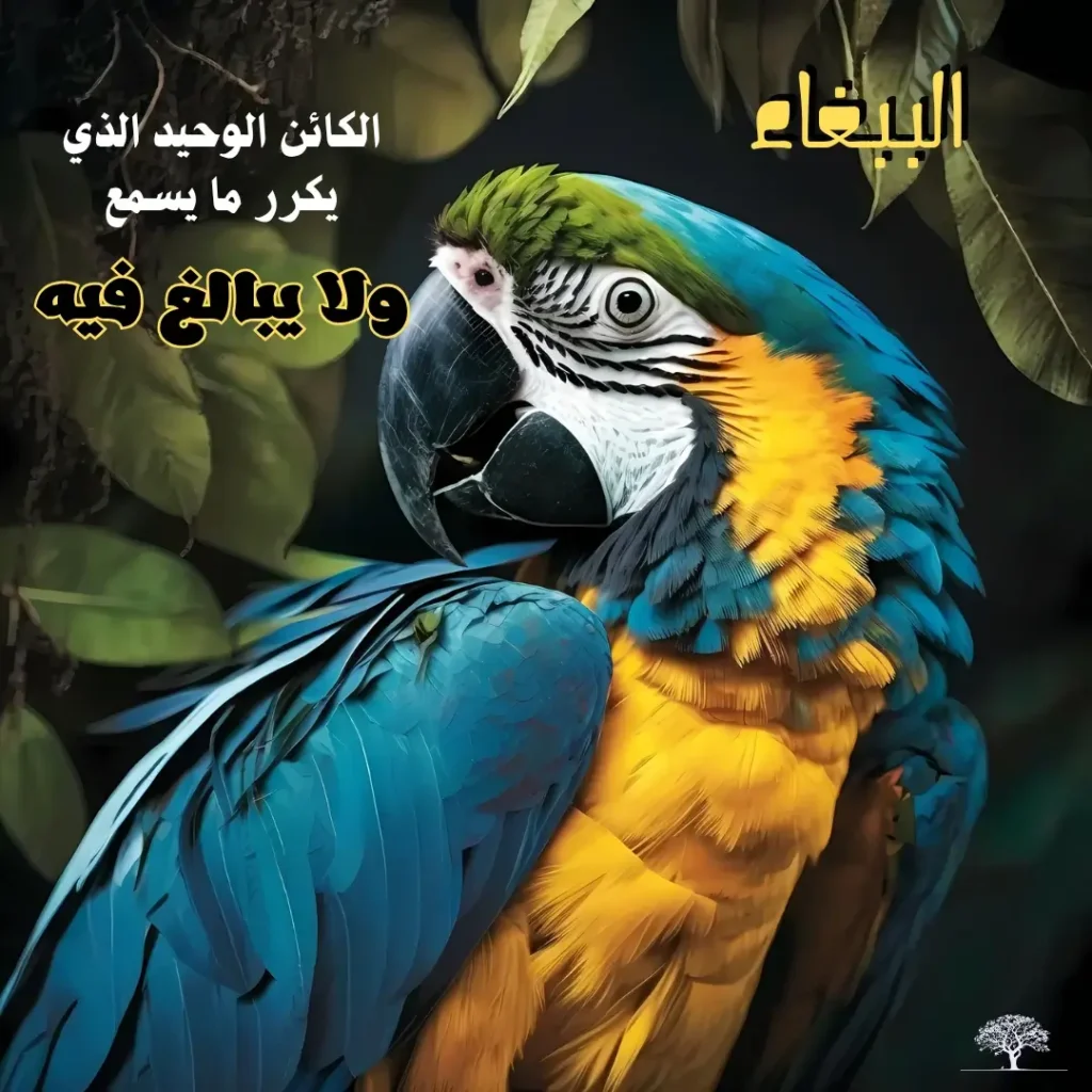 صورة ببغاء بألوان زاهية زرقاء وصفراء مع عبارة: "الببغاء الكائن الوحيد الذي يكرر ما يسمع ولا يبالغ فيه."