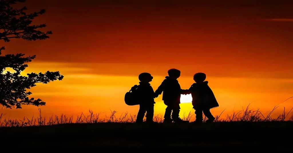 أصدقاء معًا تحت غروب الشمس، يرمزون إلى الوفاء والتغاضي في الصداقة