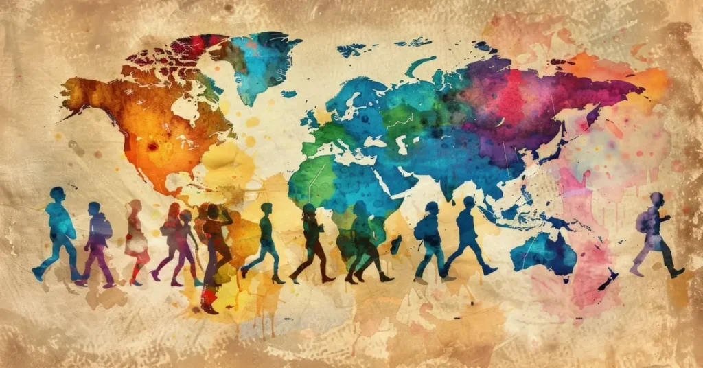 خريطة العالم بألوان مائية تظهر تأثير الإنسان على البيئة من خلال حركة الناس حول الكوكب