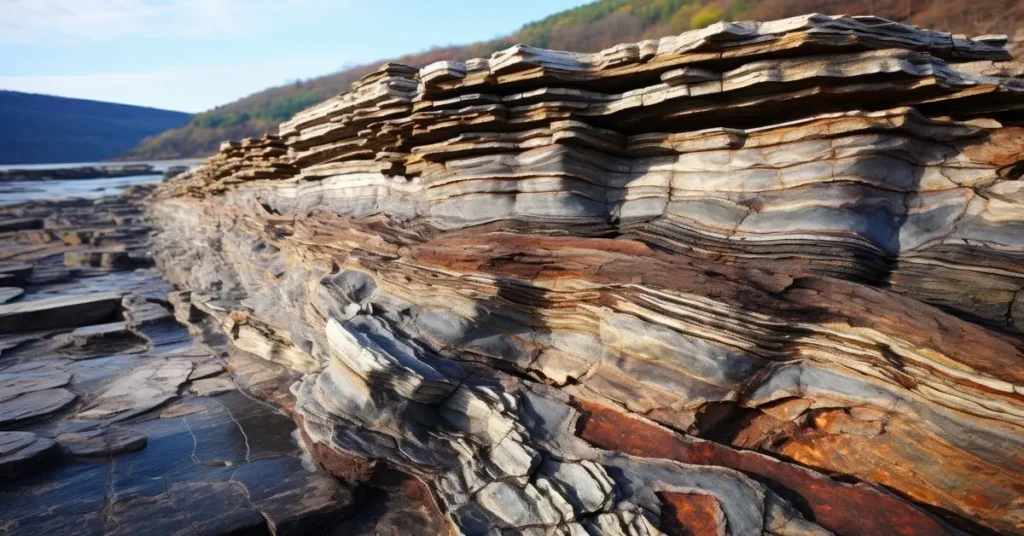 تكوينات صخرية طبقية على الساحل توضح طبقات الأرض ودلالاتها الجيولوجية