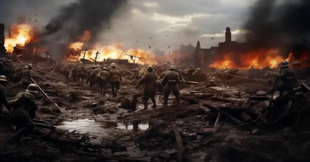 صورة رمزية تعبر عن دمار الحرب العالمية الأولى، تُظهر دخانًا ونيرانًا وجنودًا وسط ساحة معركة مليئة بالركام والخراب.