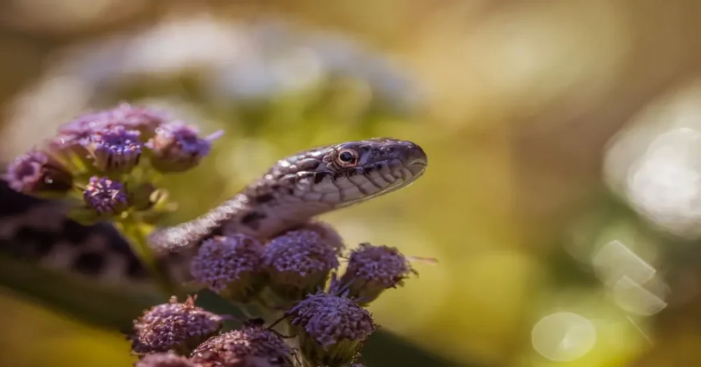لقطة مقربة لرأس ثعبان (حية) صغير داكن يرتكز بين مجموعة من الأزهار البرية الأرجوانية في ضوء الشمس الدافئ، مما يرمز إلى الخطر الكامن في الأماكن الهادئة أو الجميلة.