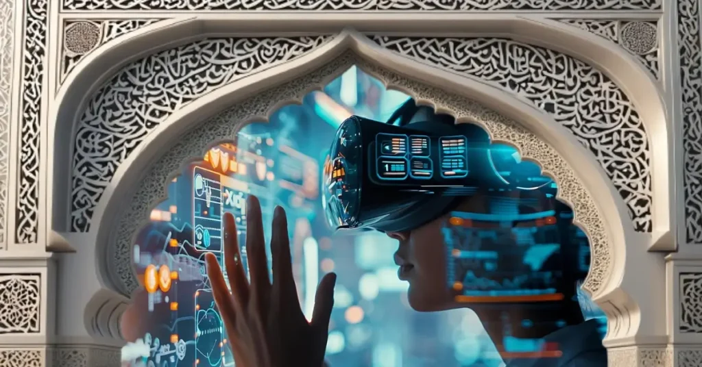شخص يرتدي سماعة واقع افتراضي يتفاعل مع واجهة بيانات شفافة أمام قوس معماري مزخرف يجمع بين التراث العربي والتكنولوجيا الحديثة.